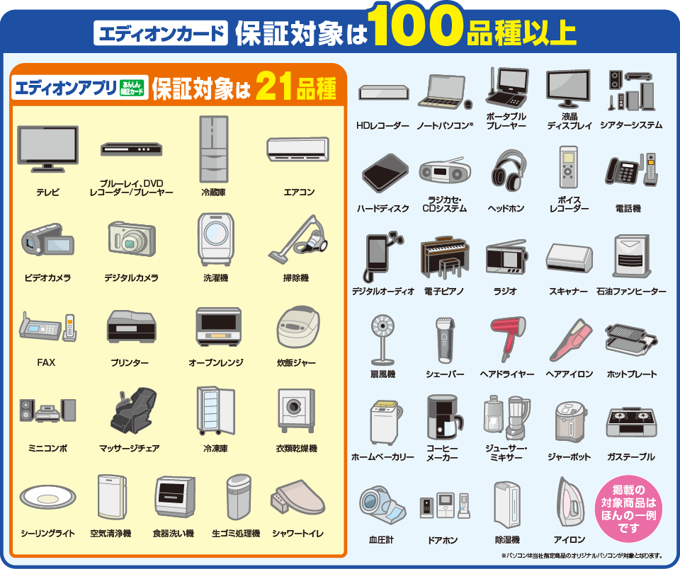 エディオンカード保証対象は100品種以上 エディオンアプリあんしん保証カードの保証対象は21品種
